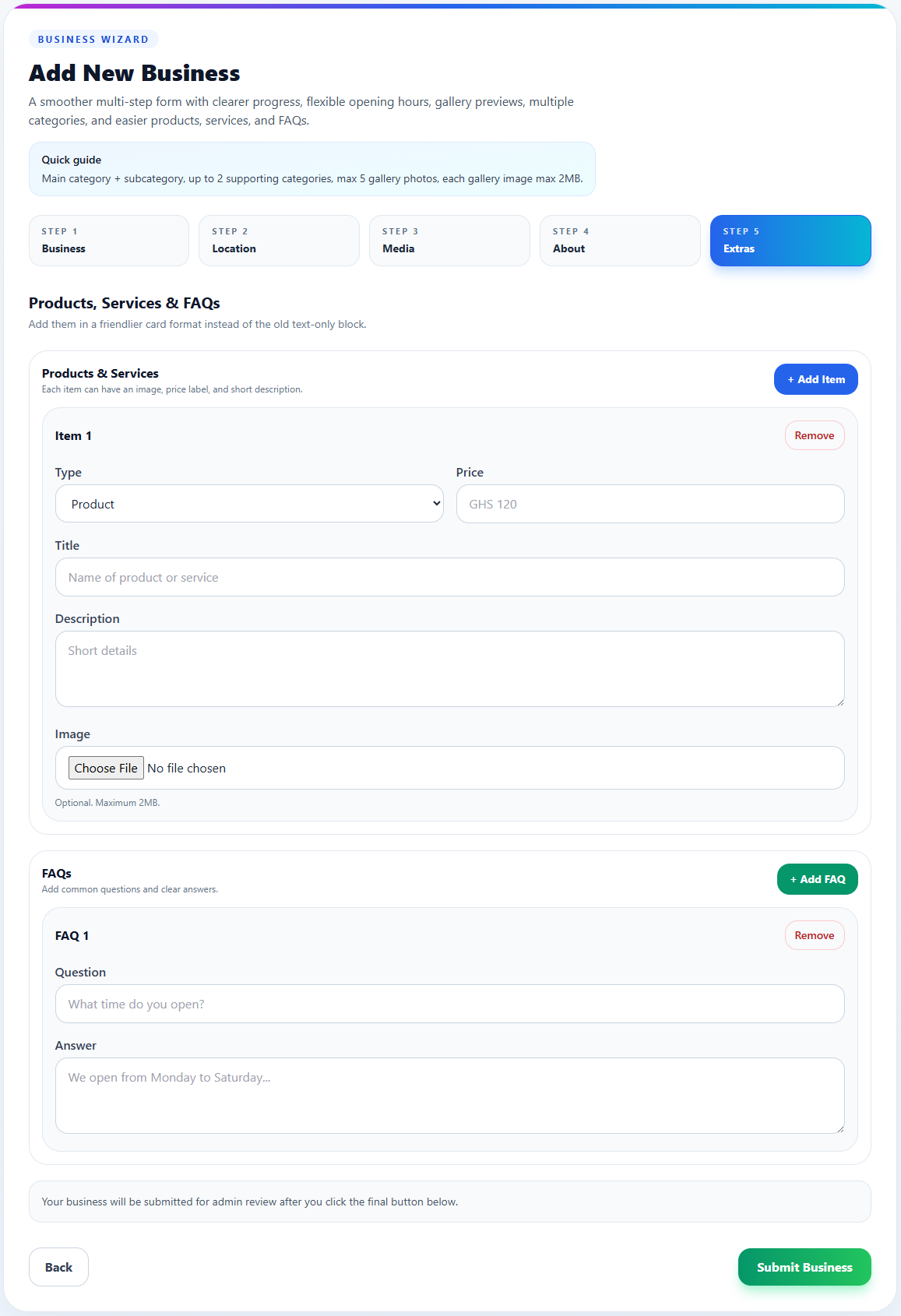 Products, Services & FAQs screenshot